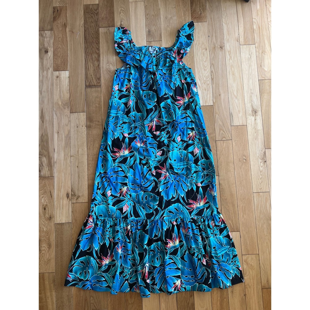 Vintage Hilo Hattie Hawaiian Maxi Dress Muumuu Floral Ruffle Blue Green Size L‎